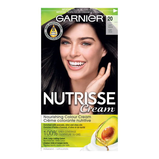 Garnier Nutrisse Cream, Permanent Hair Colour, 20 Soft Black, 100% Grey Coverage, Nourished Hair Enriched With Avocado Oil, 1 Application