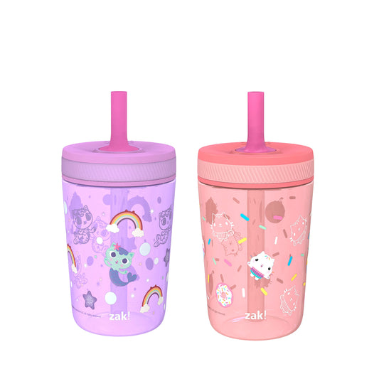 Zak Designs DreamWorks Gabby's Dollhouse Kelso Toddler Cups for Travel or at Home, 15oz 2-Pack Durable Plastic Sippy Cups with Leak-Proof Design is Perfect for Kids (Cakey Cat, Mercat)