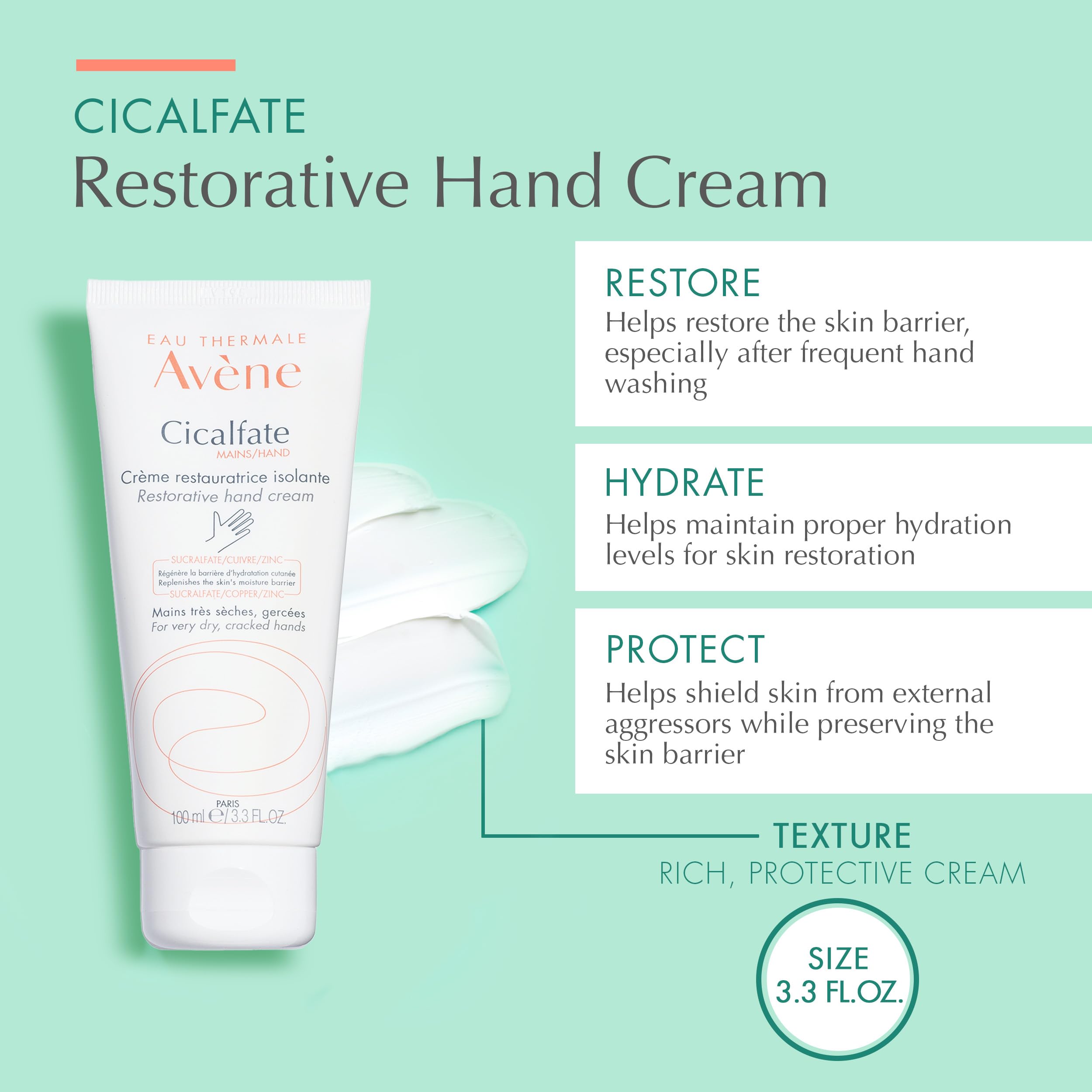 Eau Thermale Avene Cicalfate Hand Cream Intense Nourishing Lotion, 3.3 Fl Oz
