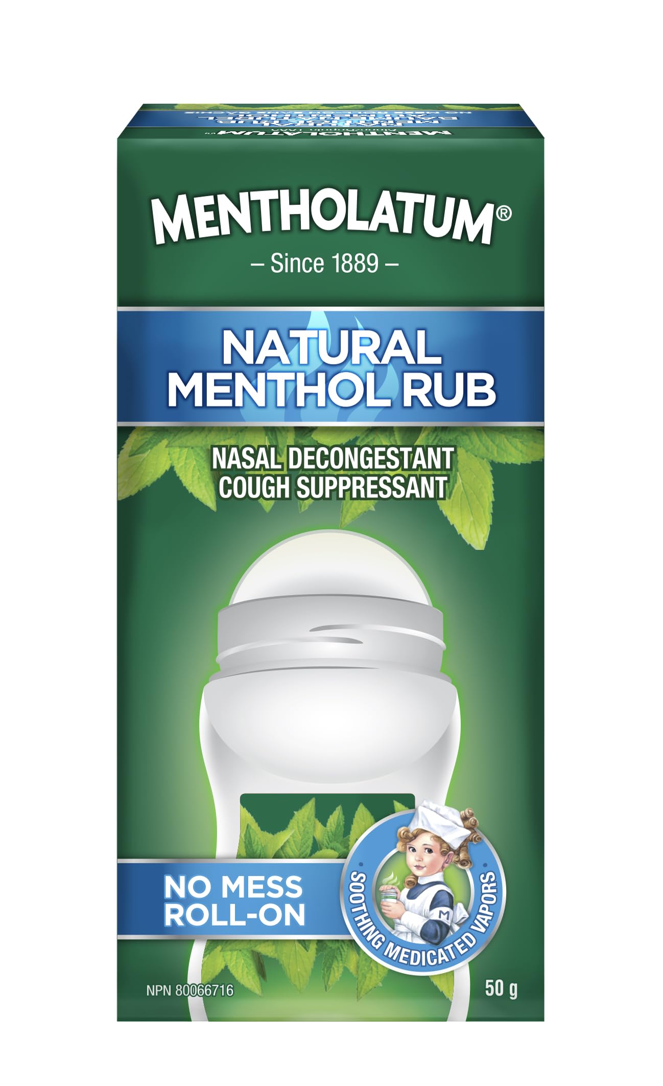Mentholatum No Mess Natural Menthol Rub Roll On, Vapourizing Rub, Cough Suppressant & Nasal Decongestant, 50g