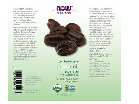 NOW Solutions Organic Pure Jojoba Oil, 237ml