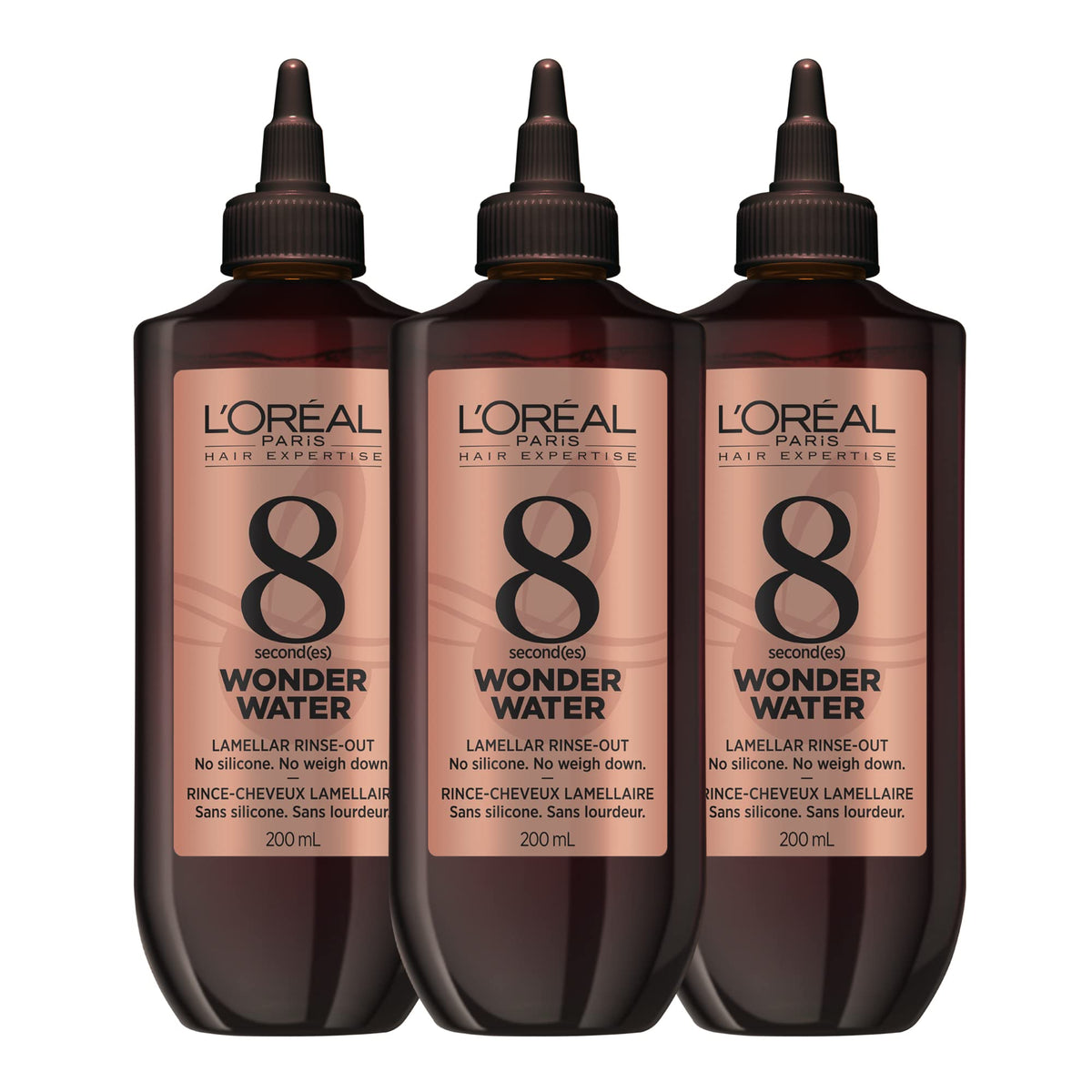 L'Oréal Paris 8-Second Wonder Water Lamellar Rinse Out Pack for All Hair Types, Infused with Protein to Resurface Damaged Hair Fibers, Silicone Free, 3x200ml