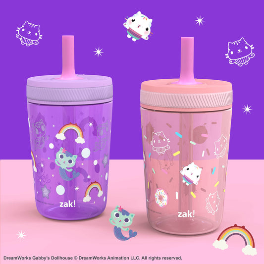 Zak Designs DreamWorks Gabby's Dollhouse Kelso Toddler Cups for Travel or at Home, 15oz 2-Pack Durable Plastic Sippy Cups with Leak-Proof Design is Perfect for Kids (Cakey Cat, Mercat)