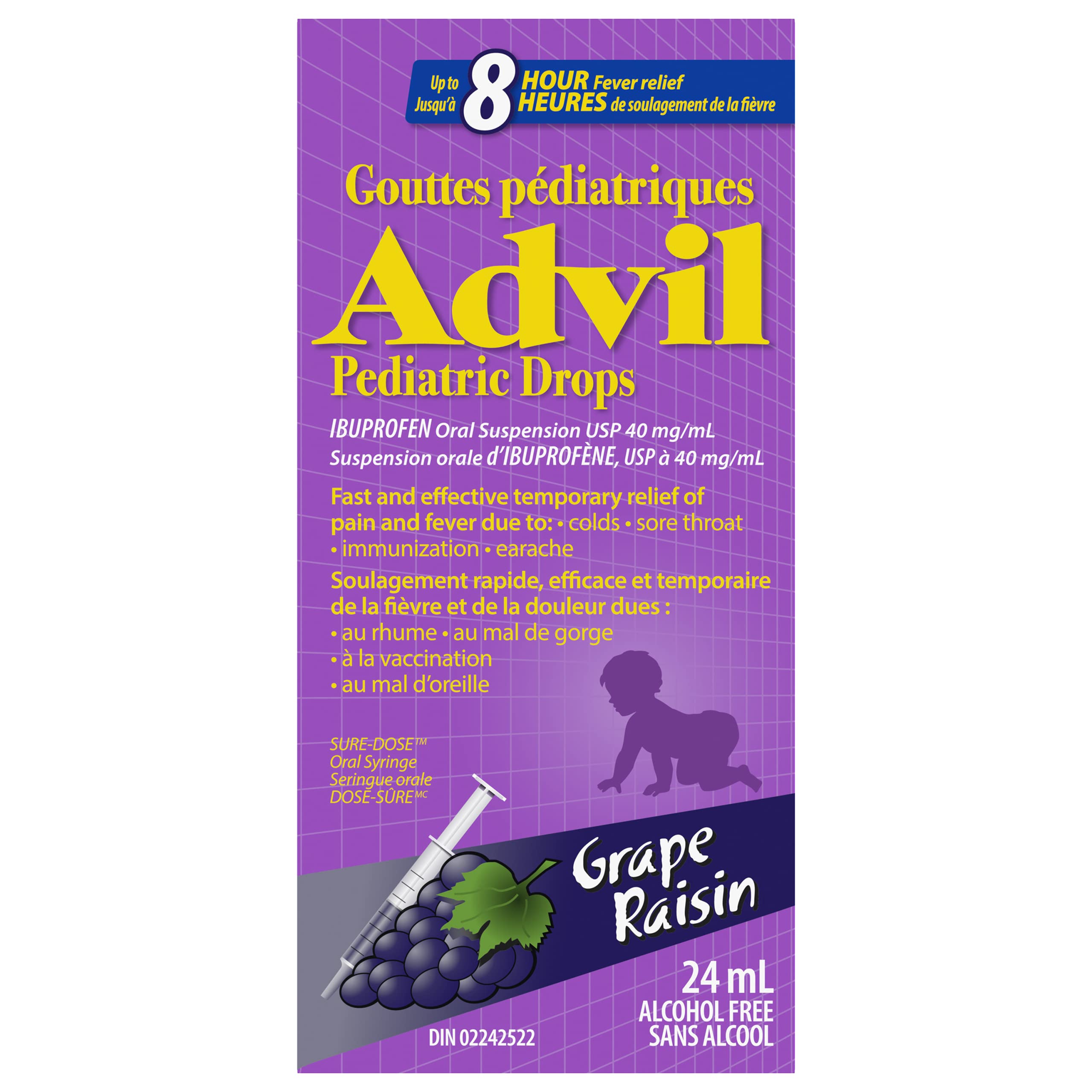Advil Pediatric Drops Fever and Pain Reliever for Infants, Grape Flavour, 24 mL