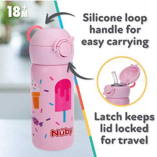 Nuby Thirsty Kids No Spill Flip-It Active Stainless Steel Travel Cup, 14 Oz, Ice Cream