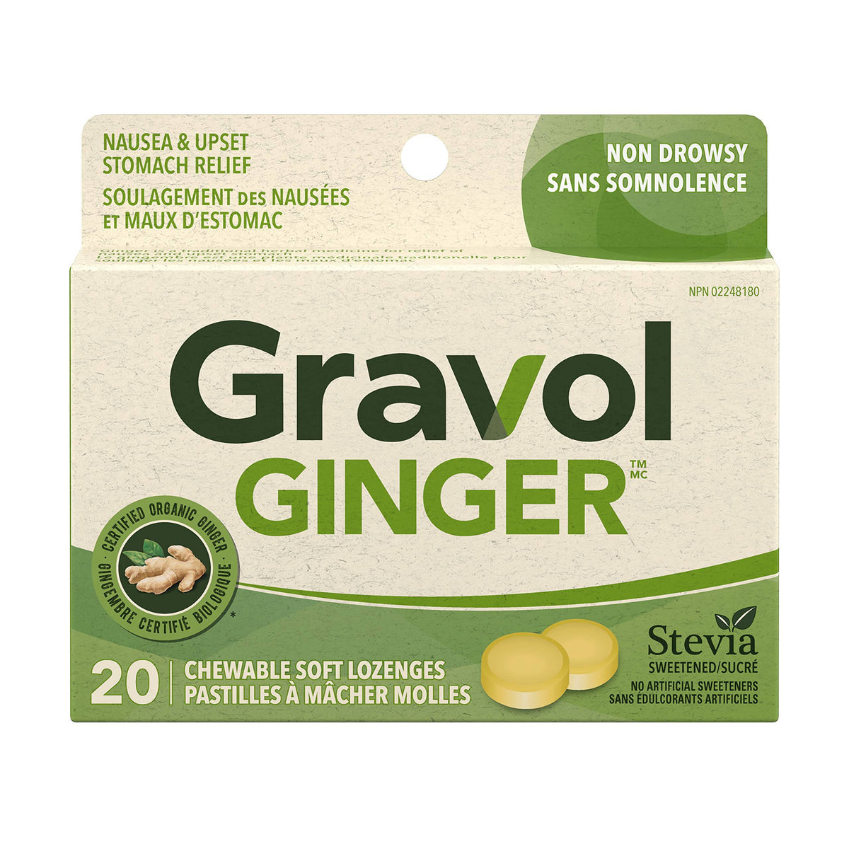 Gravol Ginger Chewable Soft Lozenges, Nausea & Upset Stomach Relief, Non Drowsy, 20 Lozenges