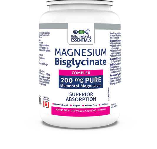 Orthomolecular Essentials - Magnesium Bisglycinate Complex 200mg, 250 Veggie Caps - Elemental Magnesium for Sleep and Anxiety - Bone Health and Muscle Cramp Relief - Calm Magnesium Complex Supplement