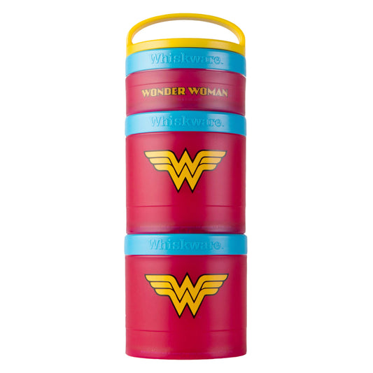 Whiskware Justice League Containers for Toddlers and Kids 3 Stackable Snack Cups for School and Travel, 1/3 Cup+1 Cup+1 Cup, Wonder Woman Icon