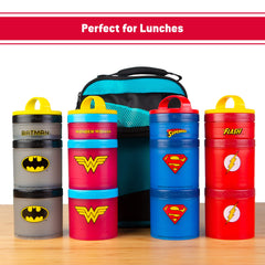 Whiskware Justice League Containers for Toddlers and Kids 3 Stackable Snack Cups for School and Travel, 1/3 Cup+1 Cup+1 Cup, Wonder Woman Icon