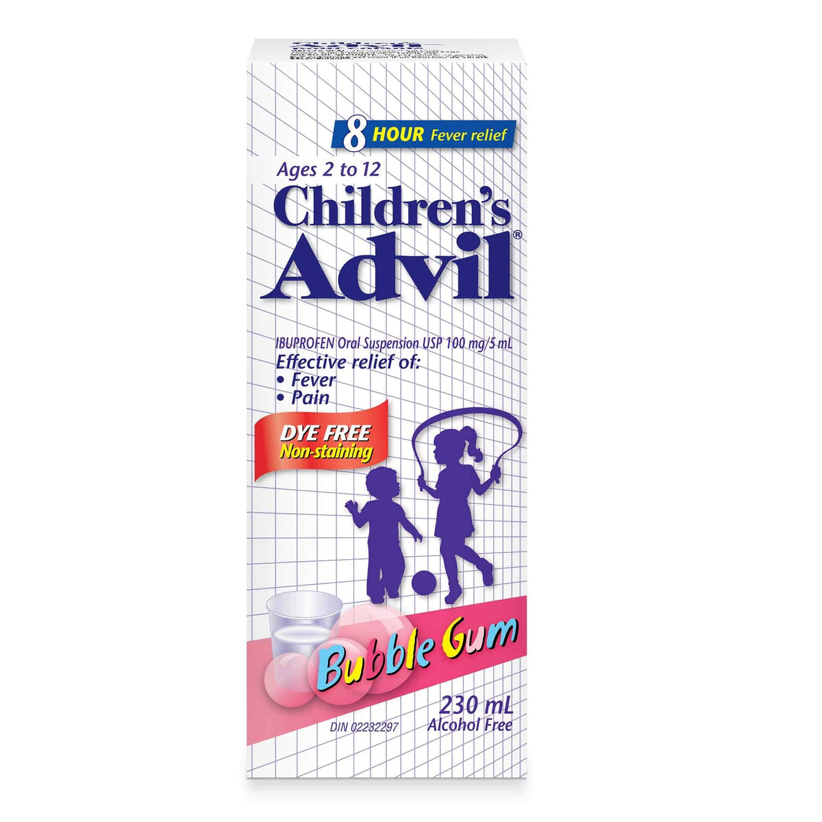 Children's Advil (230 ML, Bubble Gum Flavour) Ibuprofen Suspension Dye Free Temporary Fever Reducer