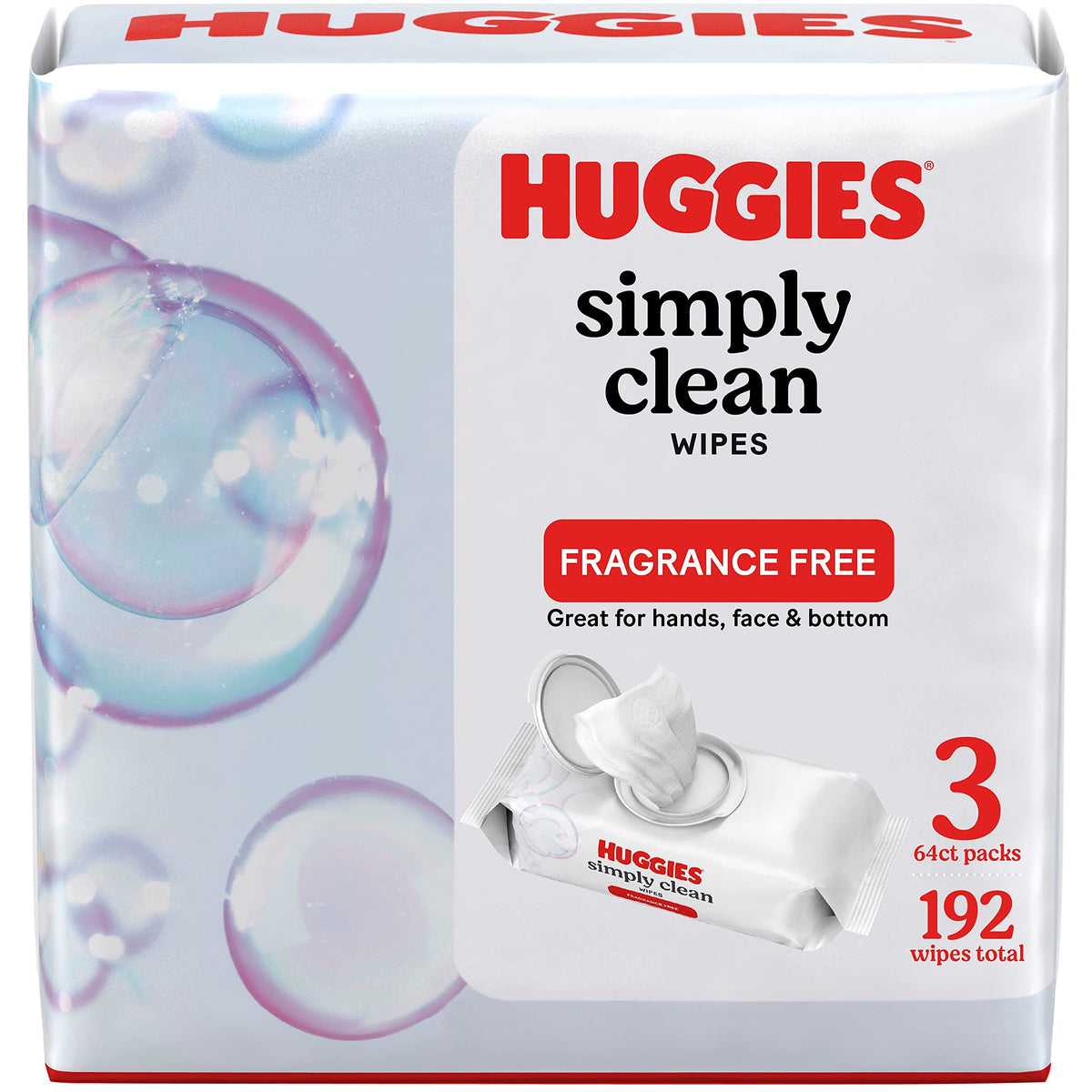 Huggies Simply Clean Unscented Wipes, 3 Flip-Top Packs (192 Wipes Total)