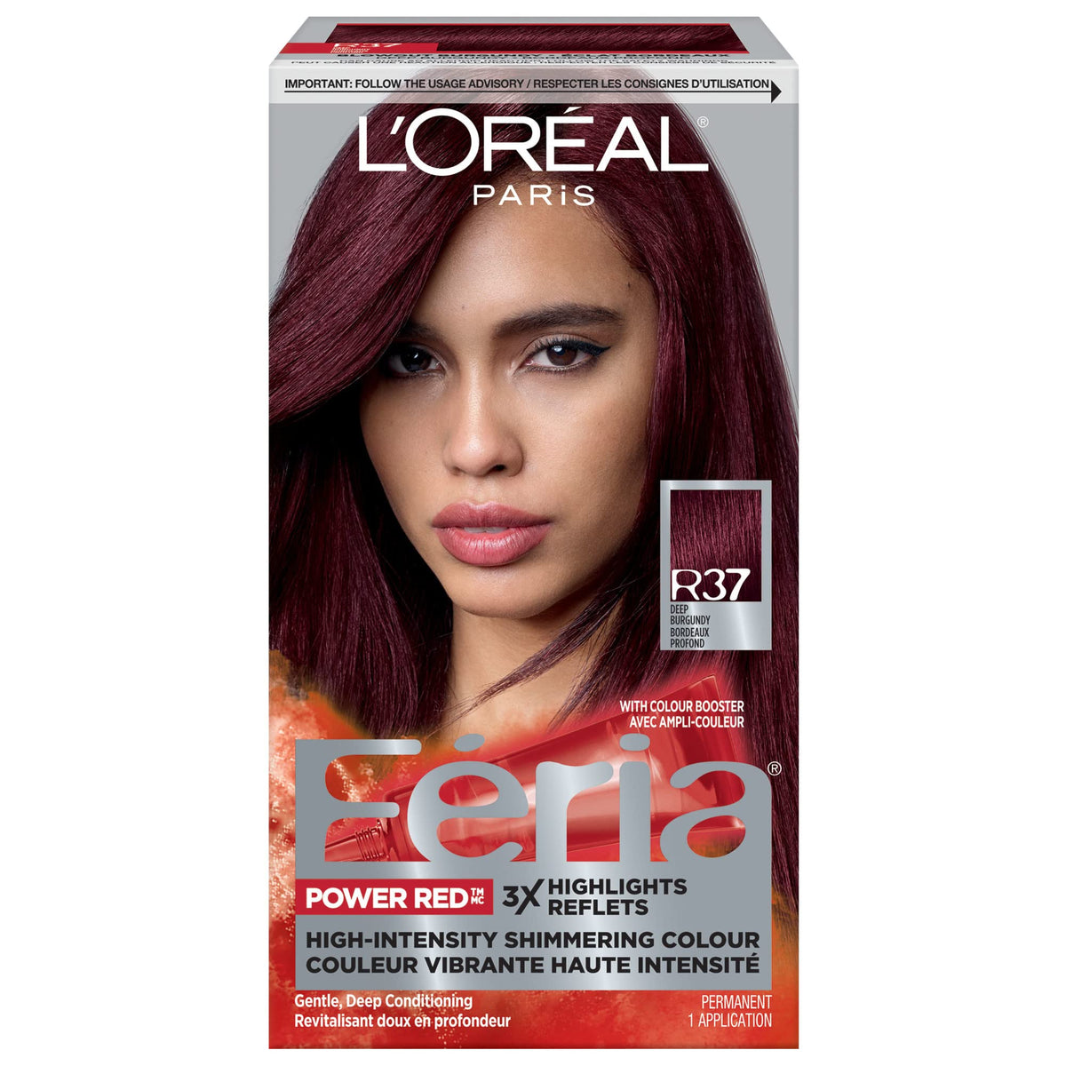 L'Oreal Paris Feria high-intensity shimmering colour Permanent Hair Colour, R37 deep burgundy, Hair Dye with Conditioning Oils, Pack of 1
