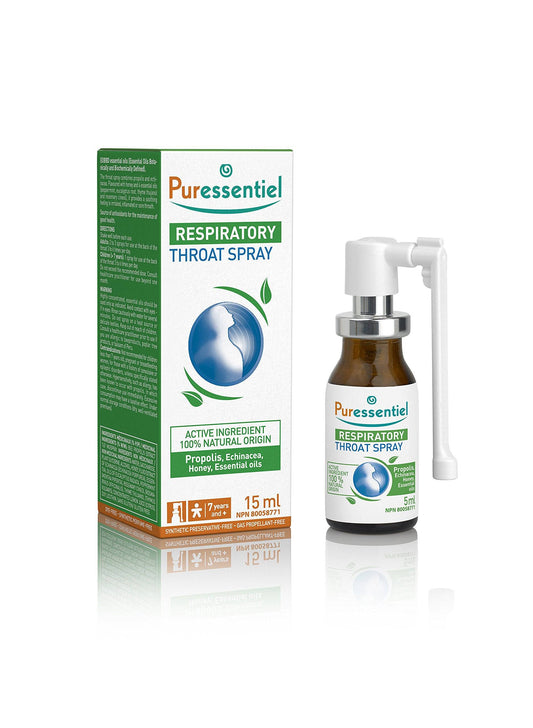 PURESSENTIEL - Respiratory Throat Spray with 4 essential oils - Helps treat irritated, inflamated or sore throat - Source of antioxydants - Medicinal ingredients of 100% natural origins - 15ml