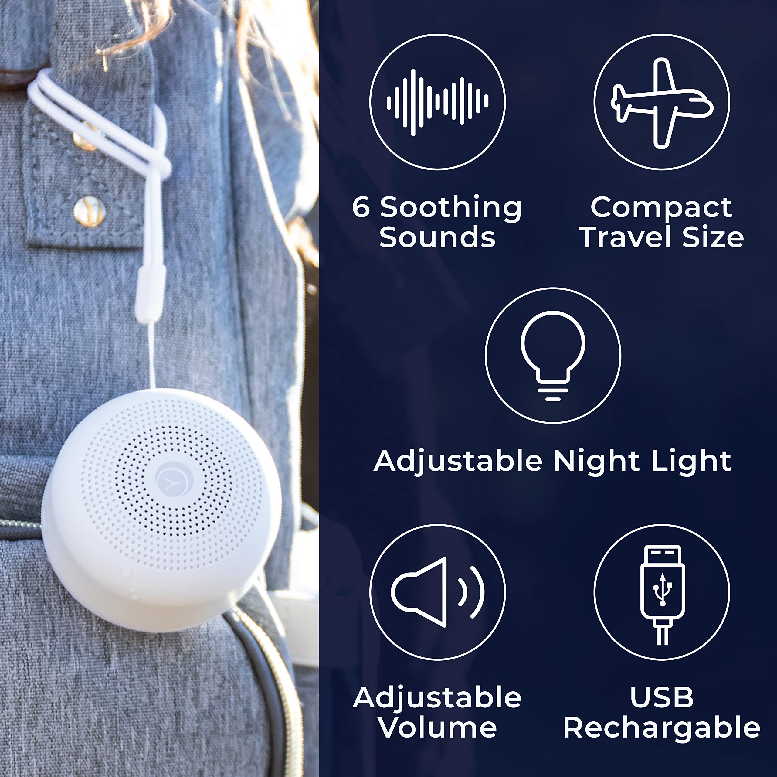Yogasleep Travel Mini Portable White Noise Sound Machine - 6 Soothing Sounds - Soft Dimmable Night Light - Compact Sleep Therapy for Adults and Baby - USB Rechargeable - Lanyard for Easy Hanging (White)
