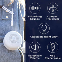 Yogasleep Travel Mini Portable White Noise Sound Machine - 6 Soothing Sounds - Soft Dimmable Night Light - Compact Sleep Therapy for Adults and Baby - USB Rechargeable - Lanyard for Easy Hanging (White)