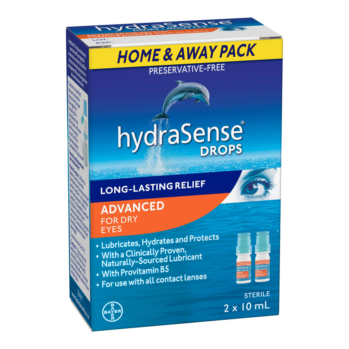 HydraSense Advanced Eye Drops, For Dry Eyes, Preservative Free, Naturally Sourced Lubricant, With Provitamin B5, Home and Away Twin Pack (2 x 10 mL), 20 mL