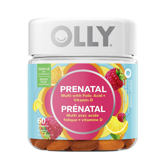 OLLY Prenatal Gummy Supplement with no artificial flavours and colours Sweet Citrus multivitamin to help support mommy and baby 30 day supply 60 gummies