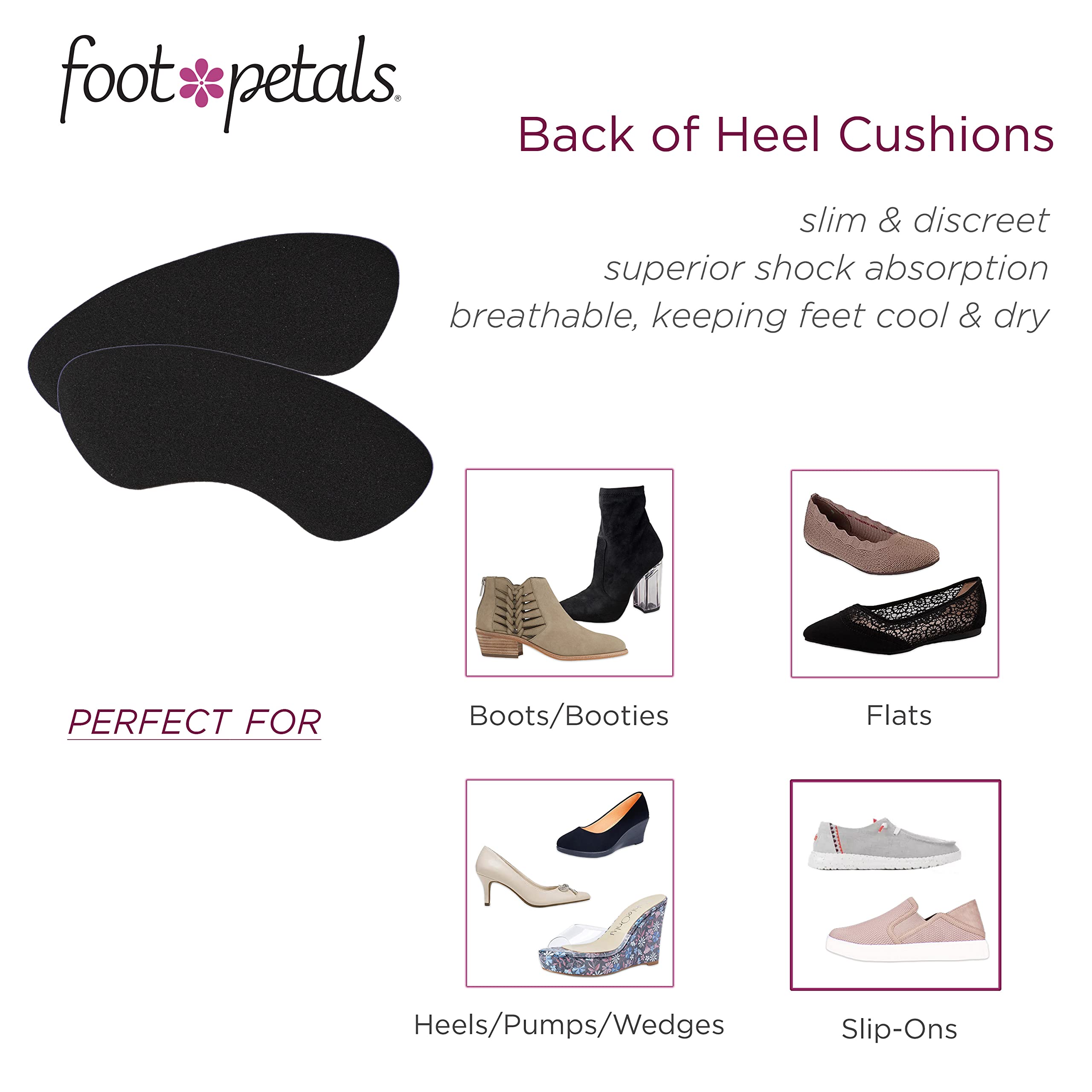 Foot Petals Women's Rounded Back Cushion Inserts Protectors, Comfortable Heel Grip for Pain Relief and Sizing, Black, One