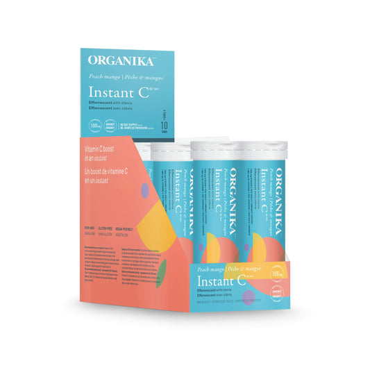 Organika Instant-C Effervescent- Peach Mango, 1000mg Vitamin C, Immune Support Tablets, 8 Tubes x 10 Tablets