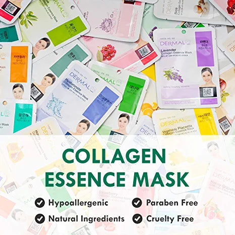 DERMAL 24 Combo Pack Collagen Essence Full Face Facial Mask Sheet - Sensitive Soothing, Anti-Acne, Nourishing Cleansing Korean Face Mask - Natural Skincare Spa Facial Mask Set for Women, Men