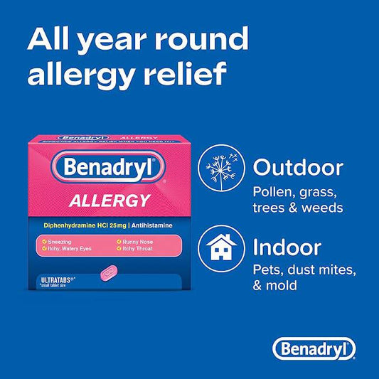 Benadryl Ultratabs Antihistamine Allergy Medicine, Diphenhydramine HCl Tablets, 48 ct