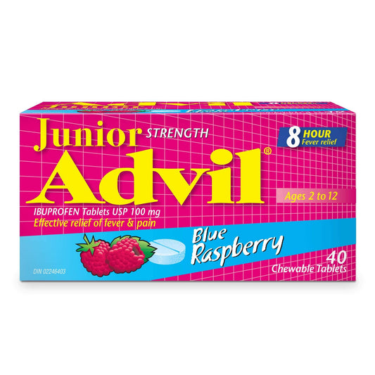 Advil Junior Strength Ibuprofen 100 mg Tablets USP Blue Raspberry 40 Chewable Tablets