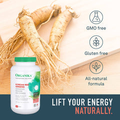 Organika Korean Red Ginseng- 6 Year Old Roots, Energy Support, Stress Support, Warming Effect- 100caps