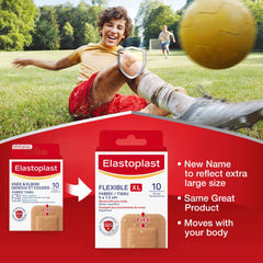 Elastoplast Flexible Fabric XL Adhesive Bandages, 10 Strips, beige | Larger Pad for Better Coverage | Extra Flexible | Adapts to all your movements | Strong Adhesion | Breathable Material | Water-repellent | Bacteria Shield | Latex Free