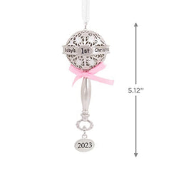 Hallmark Baby's First Christmas Silver Baby Rattle with Pink Ribbon 2023 Christmas Ornament, Premium Metal