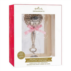 Hallmark Baby's First Christmas Silver Baby Rattle with Pink Ribbon 2023 Christmas Ornament, Premium Metal