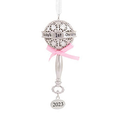 Hallmark Baby's First Christmas Silver Baby Rattle with Pink Ribbon 2023 Christmas Ornament, Premium Metal