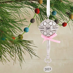 Hallmark Baby's First Christmas Silver Baby Rattle with Pink Ribbon 2023 Christmas Ornament, Premium Metal